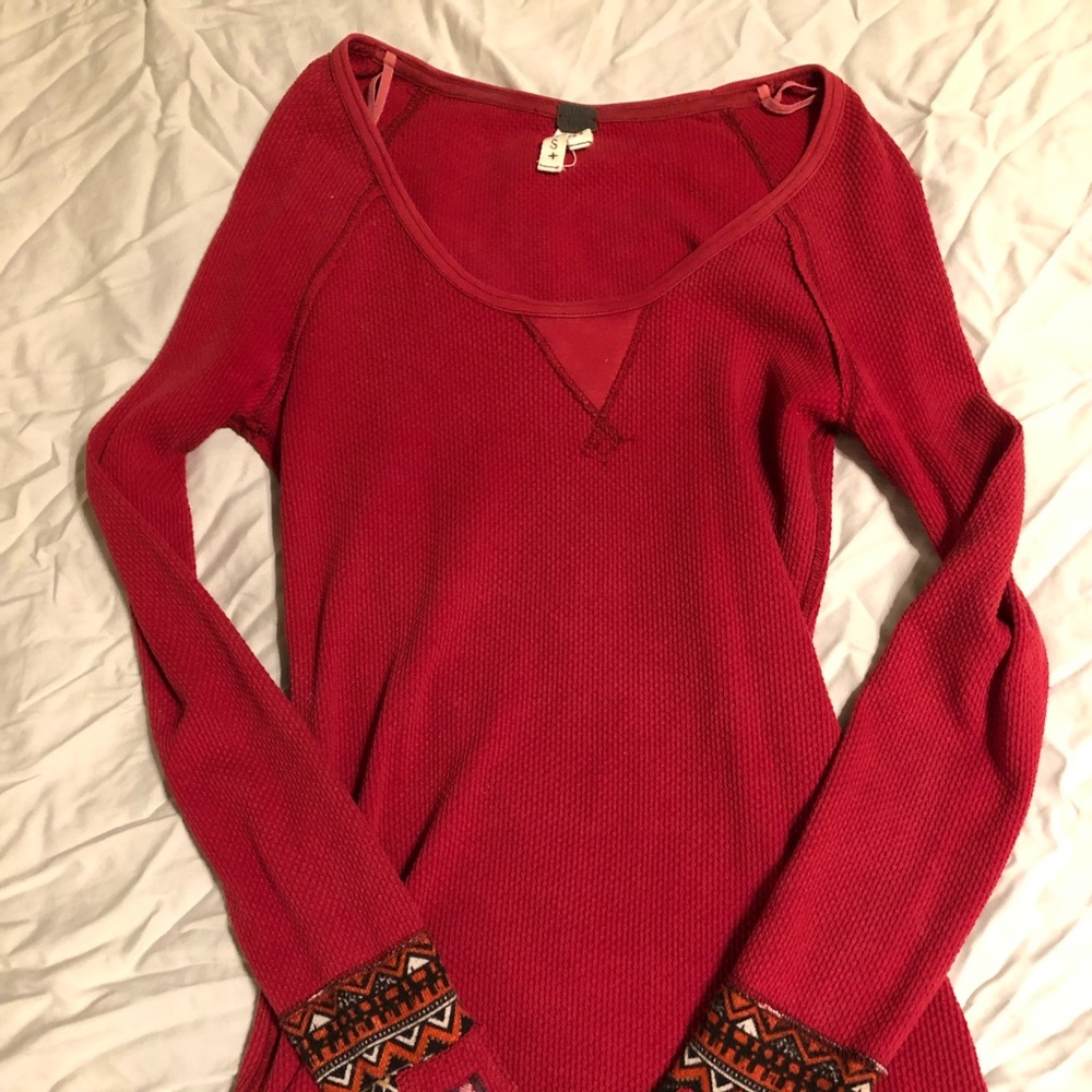 Free People Small Red Thermal Cuffed Top, Small